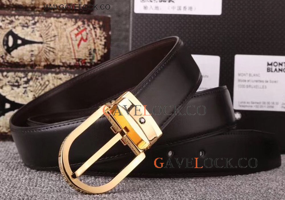 Mont Blanc Belt Replica/ Smooth Belt With Horseshoe Gold Buckle